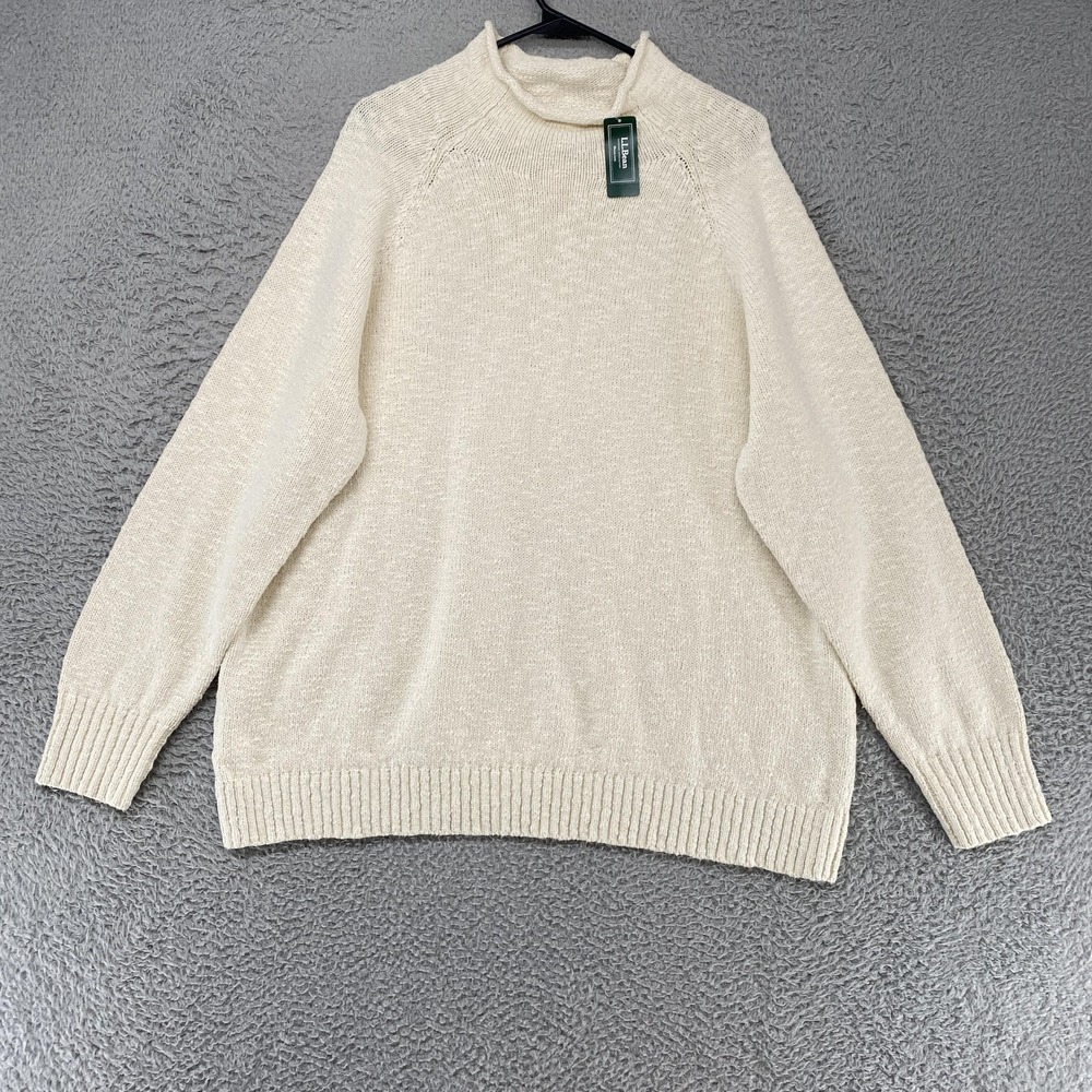 L.L. Bean Rollneck Sweater Womens 2X Plus 100% Cotton Mock Neck Cream Knit